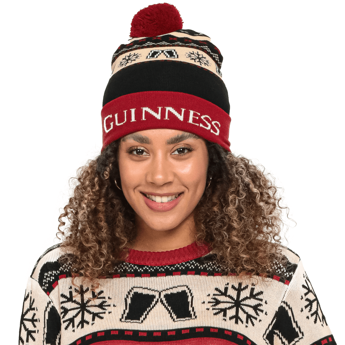 A woman wearing a Guinness UK Official Pint Winter Beanie hat.