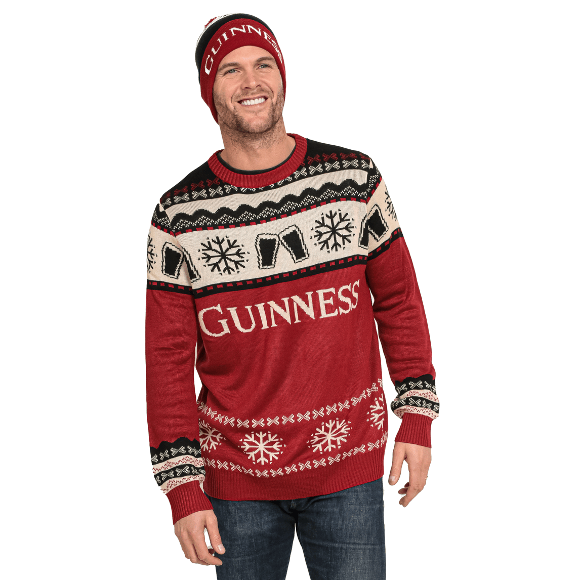 Keep warm and festive this Christmas season with the iconic Guinness UK men's Christmas sweater. Featuring snowflakes and a cozy Official Pint Winter Beanie hat design, this sweater will keep you looking stylish and ready.