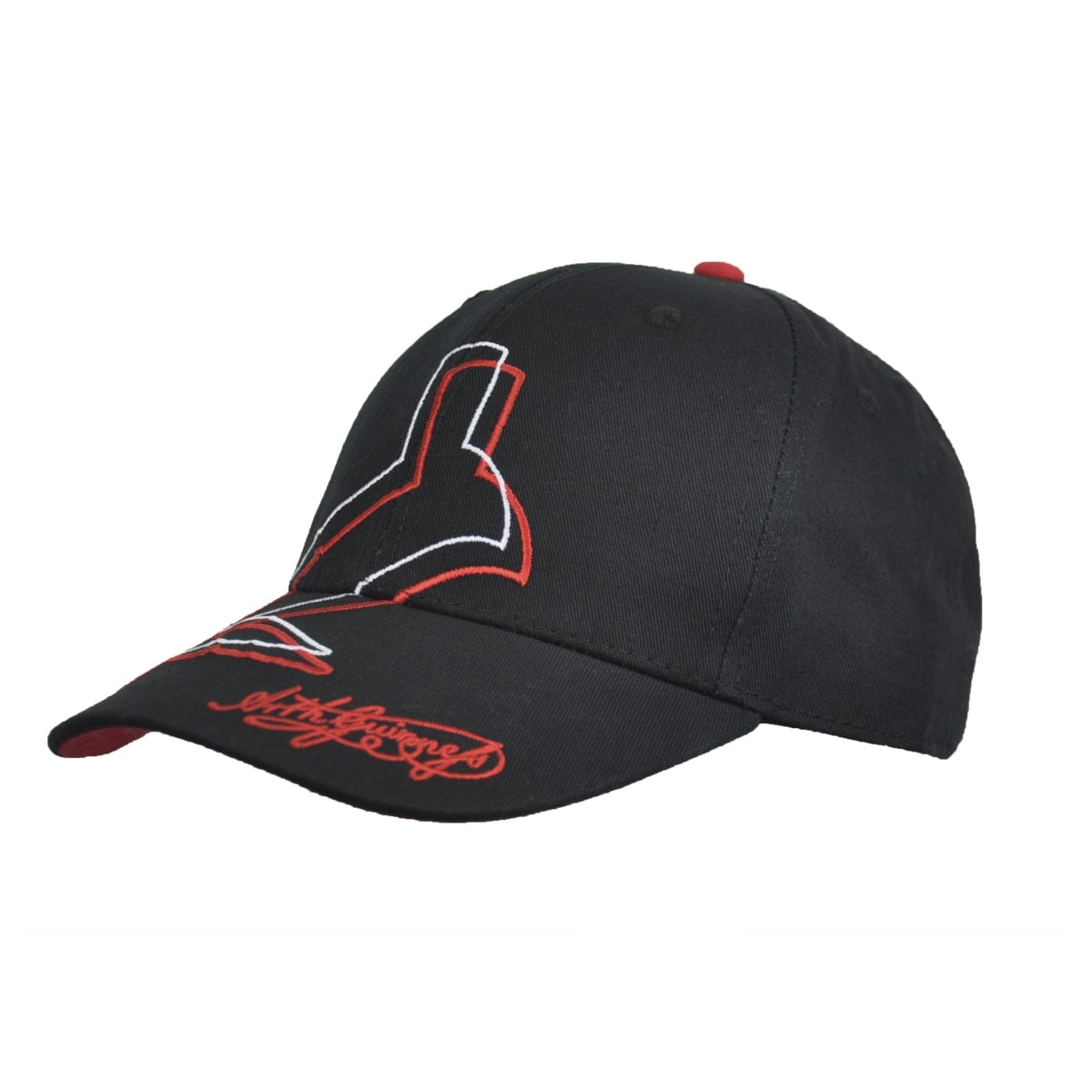 A cotton Red Toucan Baseball Cap in black and red with a Guinness UK logo on it.
