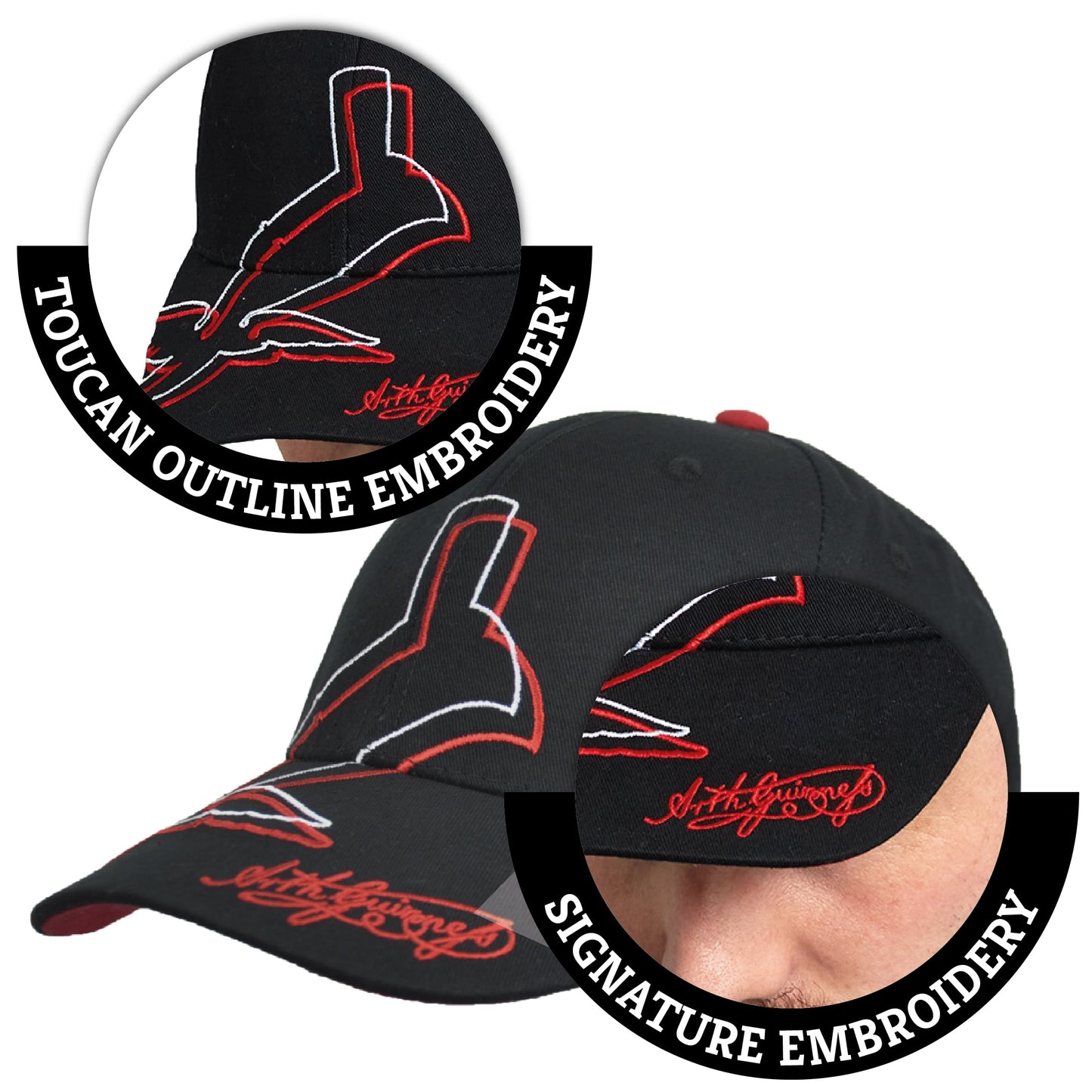 A black Guinness UK baseball cap with a Red Toucan logo on it.