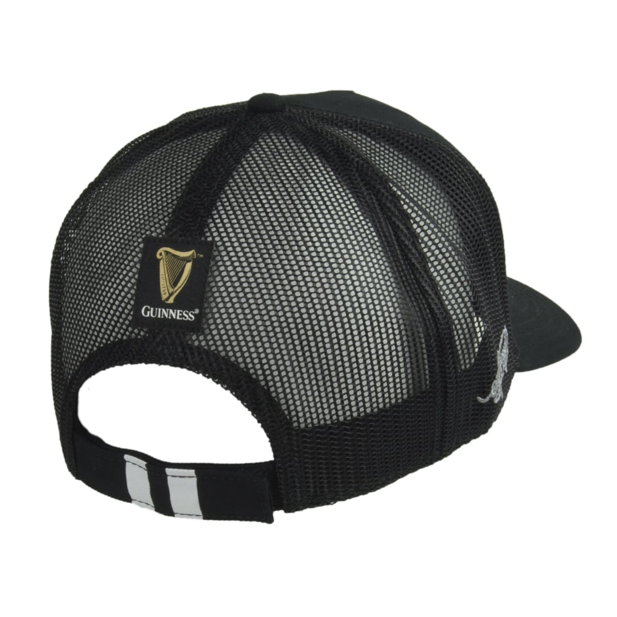 An adjustable Guinness Premium Black & White Harp cap with a Guinness UK logo on it.