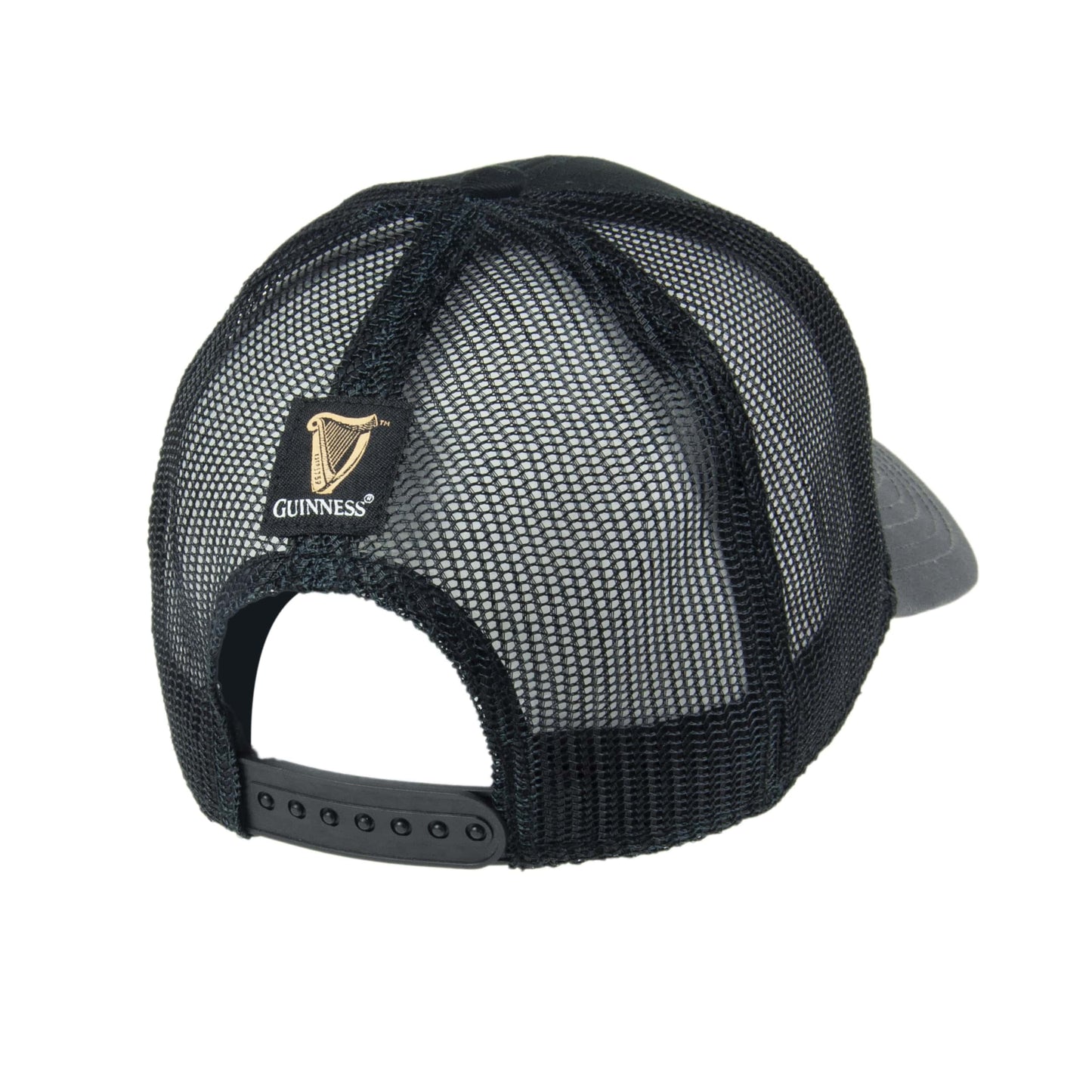 The Guinness UK trucker hat in black and gold is an embroidered cap made of cotton.