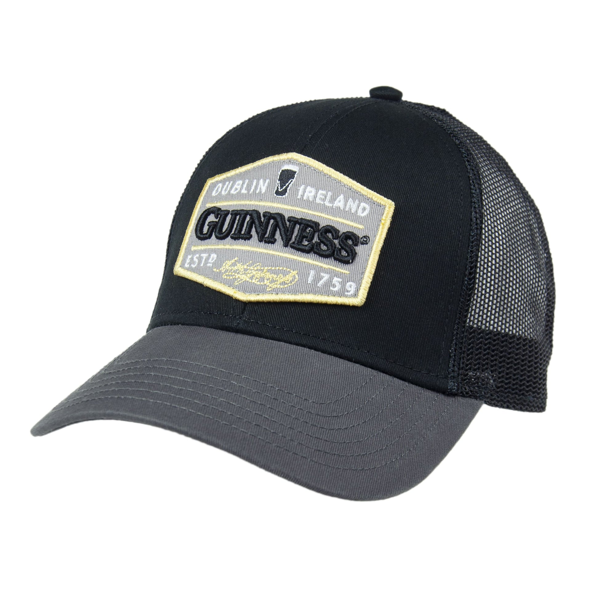 The black and grey Guinness UK trucker hat, "Guinness Trucker Premium Grey with Embroidered Patch Cap," is made of cotton.