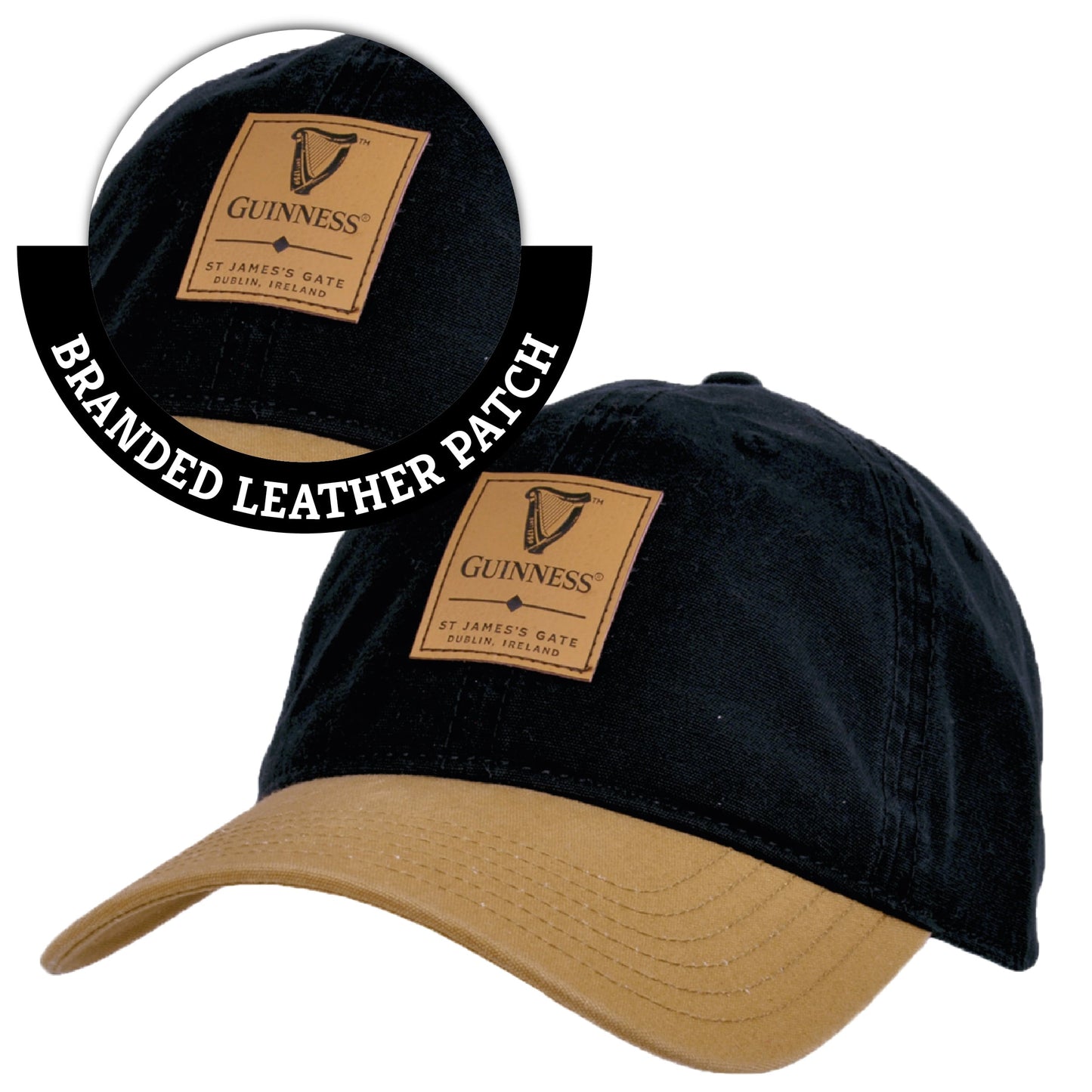A Guinness UK Premium Black & Camel with Leather Patch Cap featuring the Guinness logo.