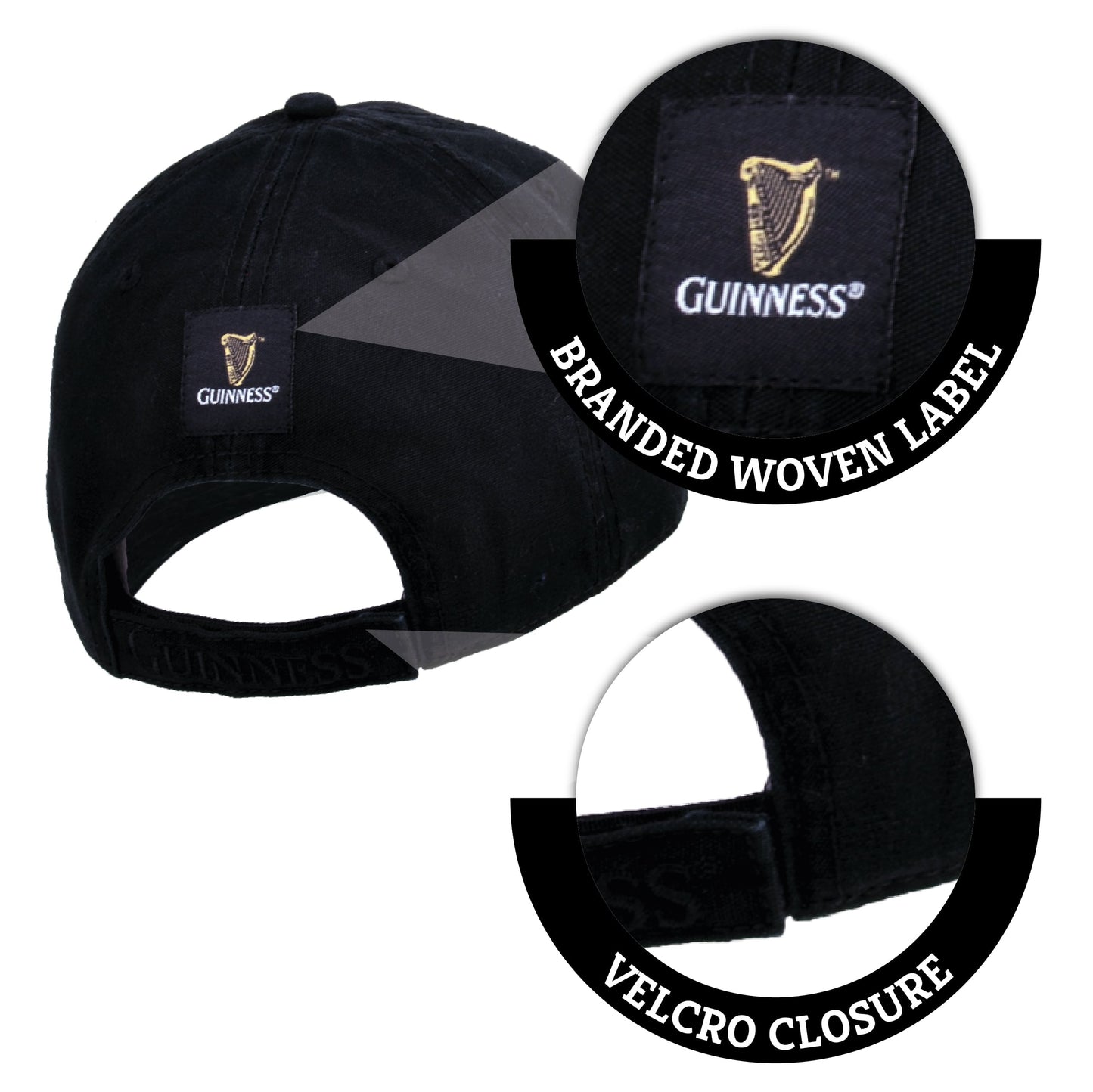 Guinness UK branded Guinness Premium Black & Camel with Leather Patch baseball cap.
