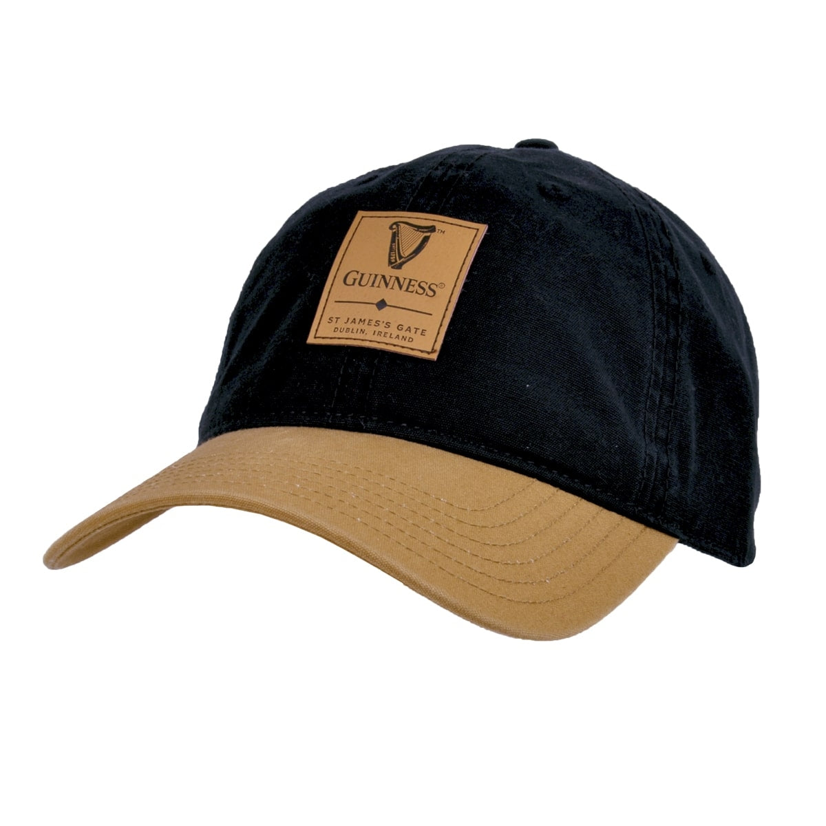 A Guinness Premium Black & Camel with Leather Patch Cap in a black and caramel colorway, featuring the iconic Guinness UK logo.