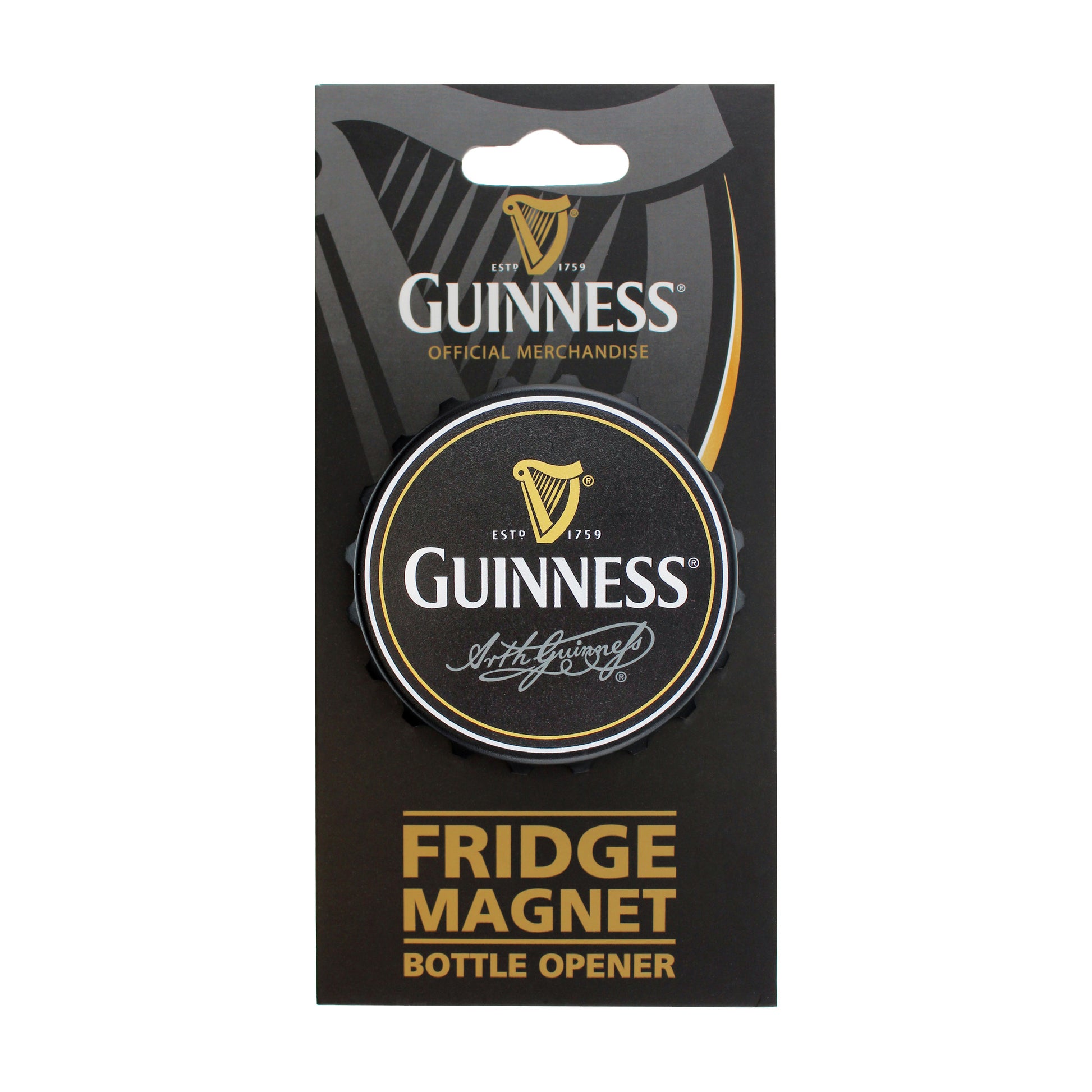 The Guinness Fridge Magnet Bottle Opener is a kitchen must-have, showcasing the iconic harp logo and "Estd 1759 Official Merchandise" text.
