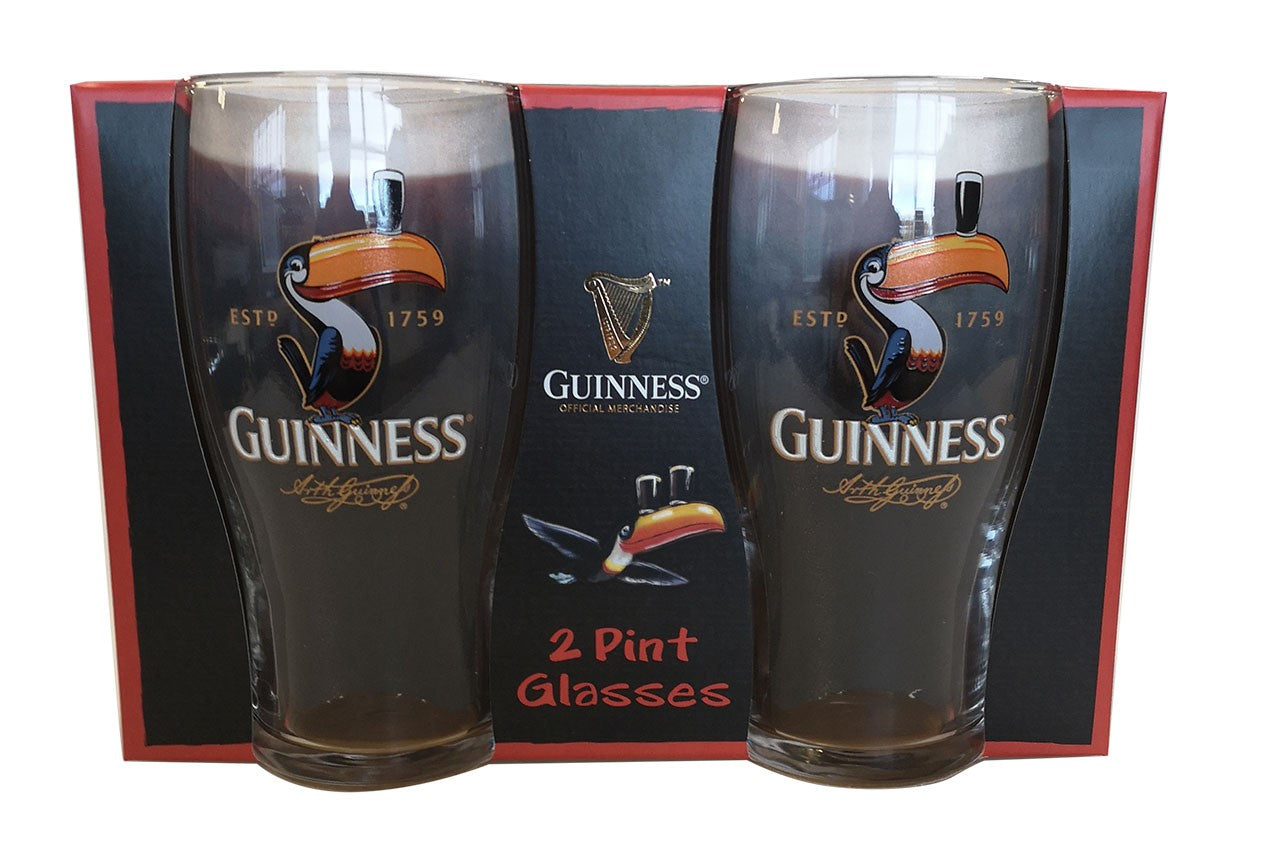 A pair of Guinness UK Toucan Pint Glasses - 2 Pack neatly packaged in a box.