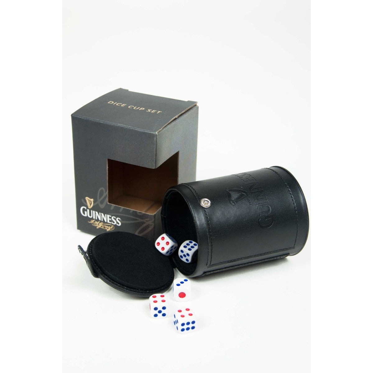 A Guinness-themed black box with a Guinness Dice Cup Set and a box next to it, perfect for game night.