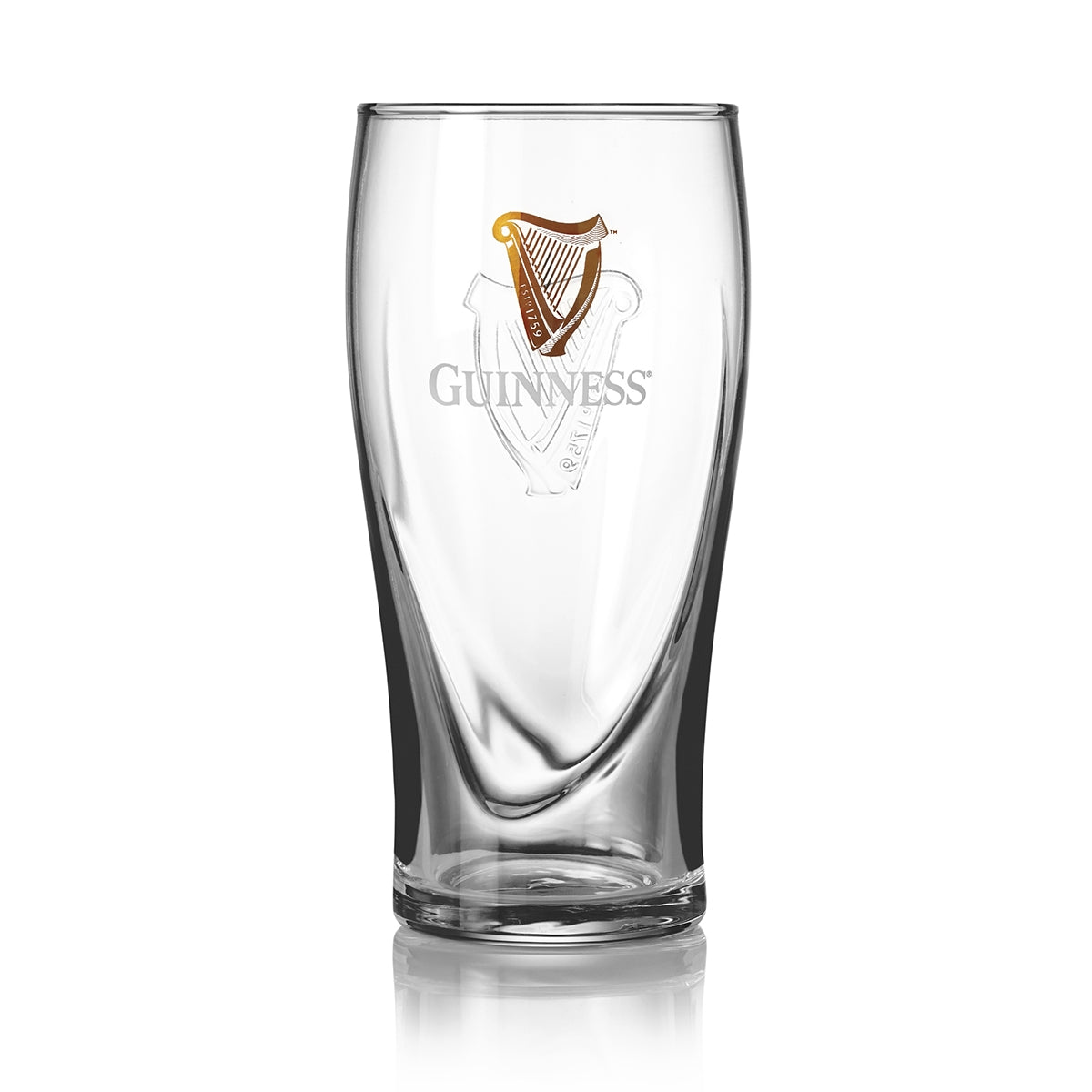 A Guinness UK pint glass + can on a white background.