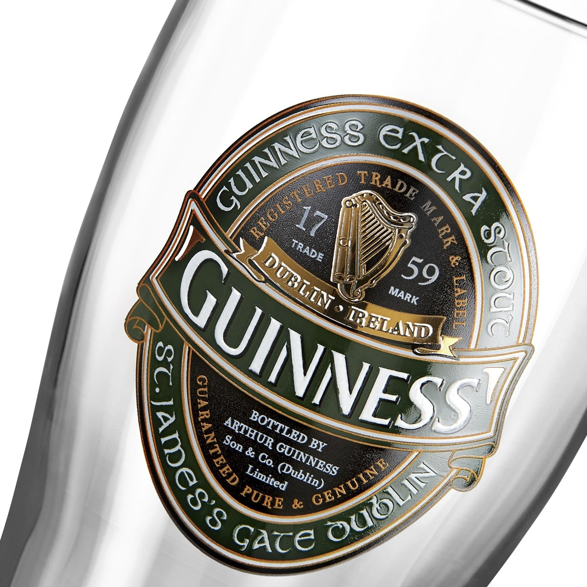 An Guinness Ireland Collection pint glass with the iconic Guinness label.