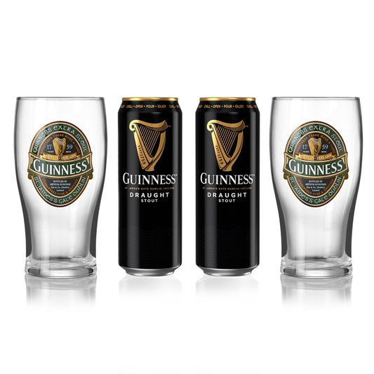 A group of beer cans and a black Guinness Ireland Collection Pint Glass + Can Twin Pack.