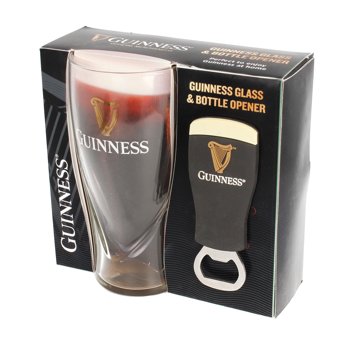 Set includes a Guinness Embossed 540Ml Glass & Pint PVC Opener Set with the brand name Guinness UK.