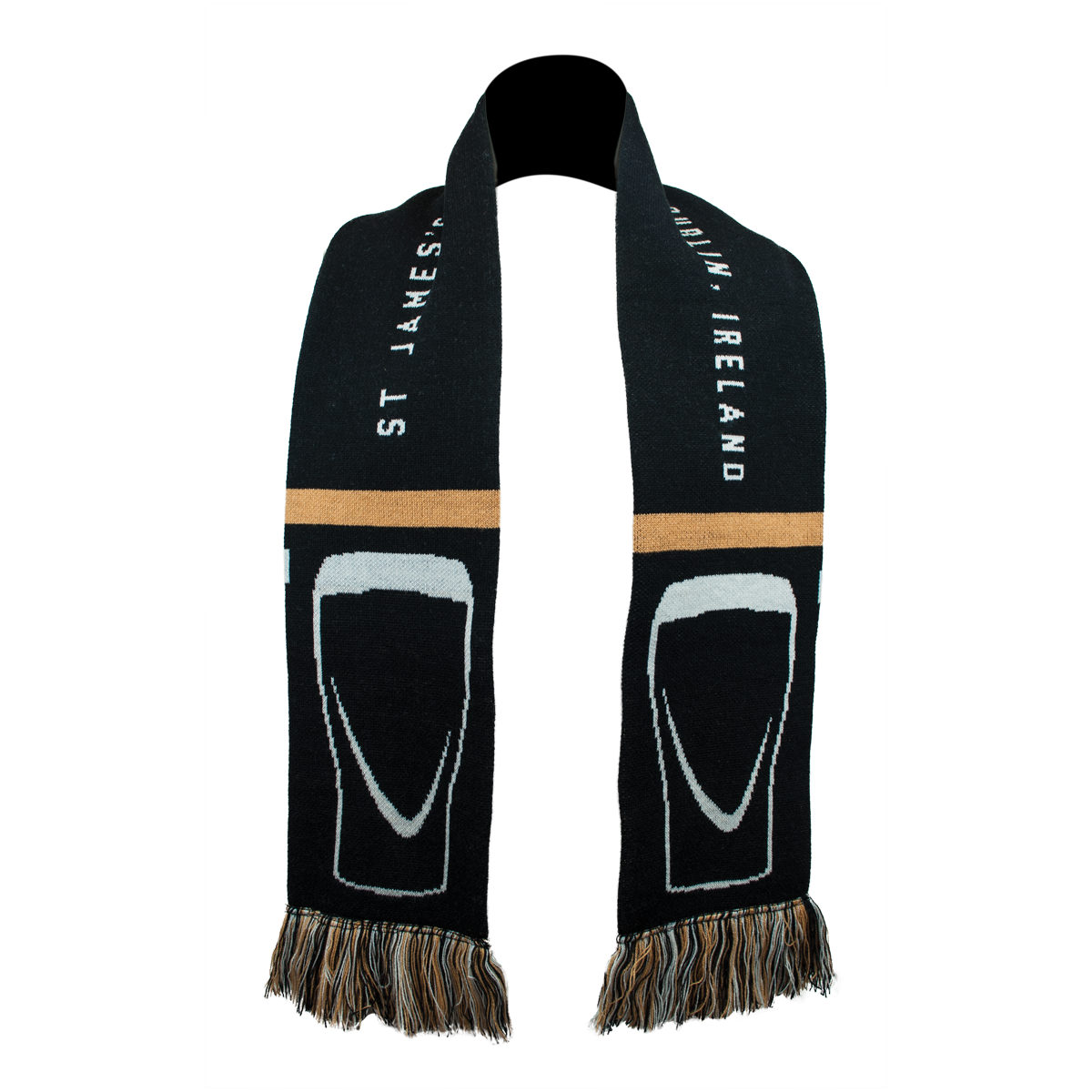 A black sports scarf with the word "St Bernard" and the Guinness logo on it would be a Guinness Scarf.