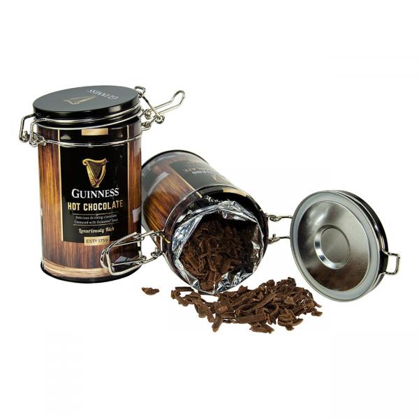 A Guinness UK tin, perfect for storing Guinness Luxury Hot Chocolate or beer, with a lid on it.