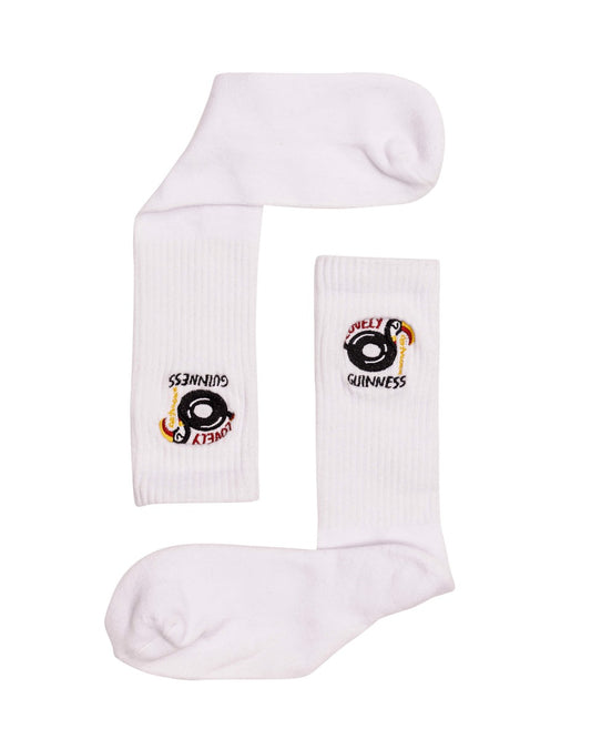 A pair of stylish and comfy FATTI BURKE "LOVELY DAY FOR A GUINNESS" TOUCAN white socks with an eye on them from the Guinness Webstore UK.