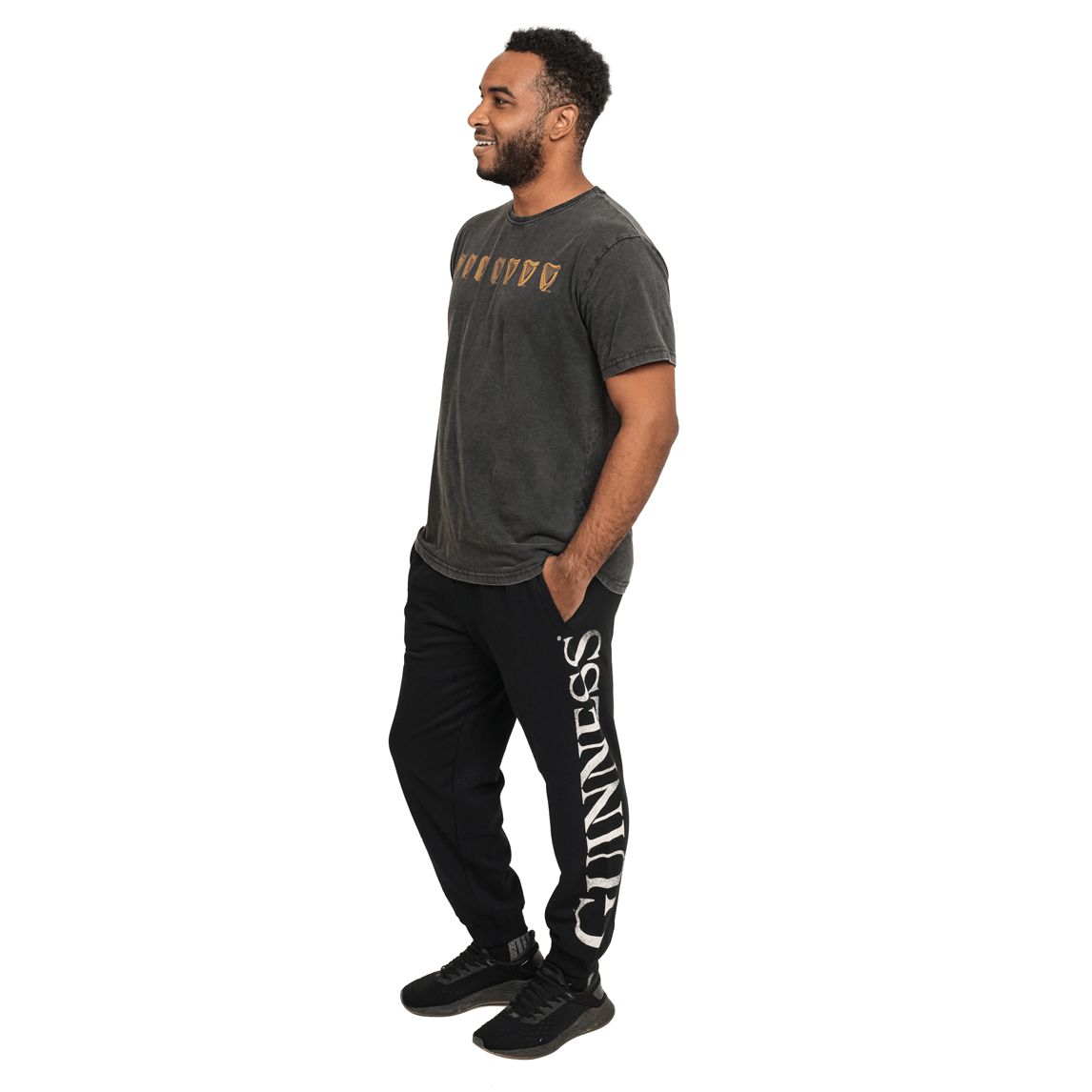 A man wearing Guinness UK organic cotton joggers.