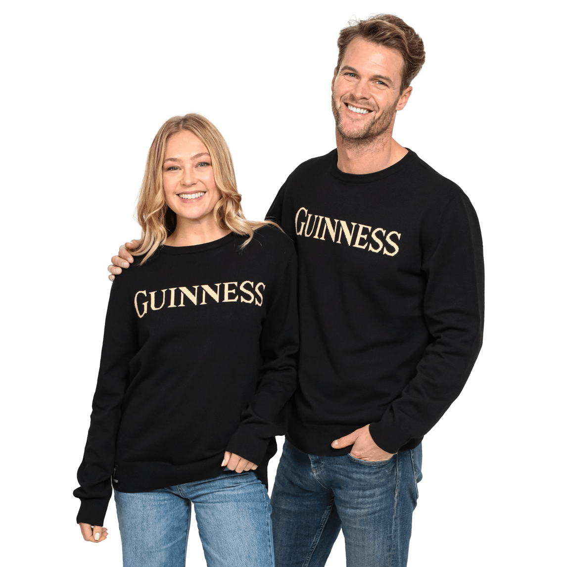 Two people wearing Guinness UK 100% Organic Cotton Jumpers.