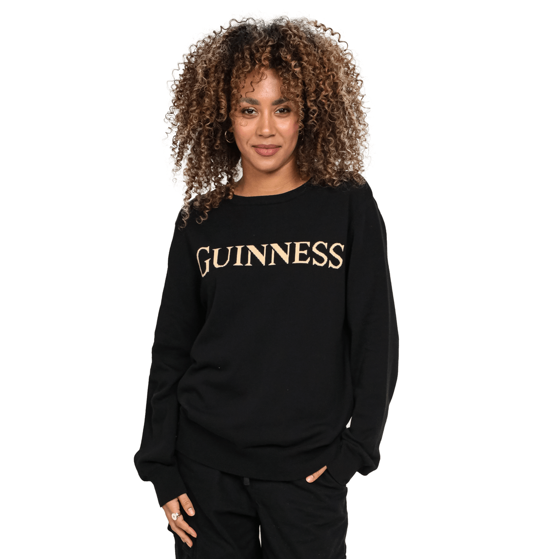 A woman donning a stylish Guinness UK 100% Organic Cotton Jumper.