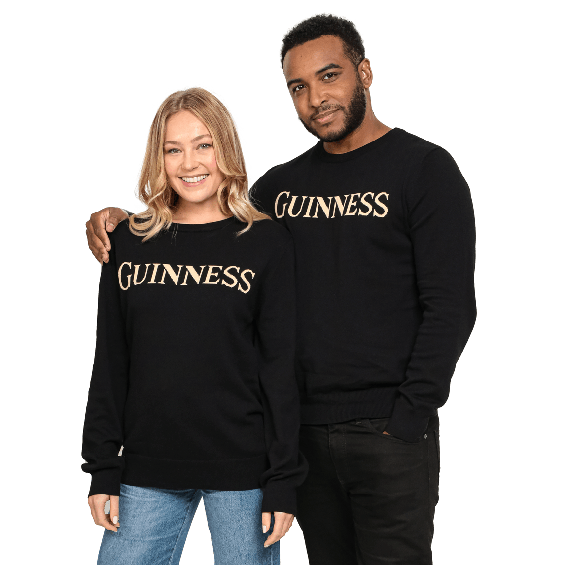 A man and woman wearing Guinness UK 100% Organic Cotton Jumpers.