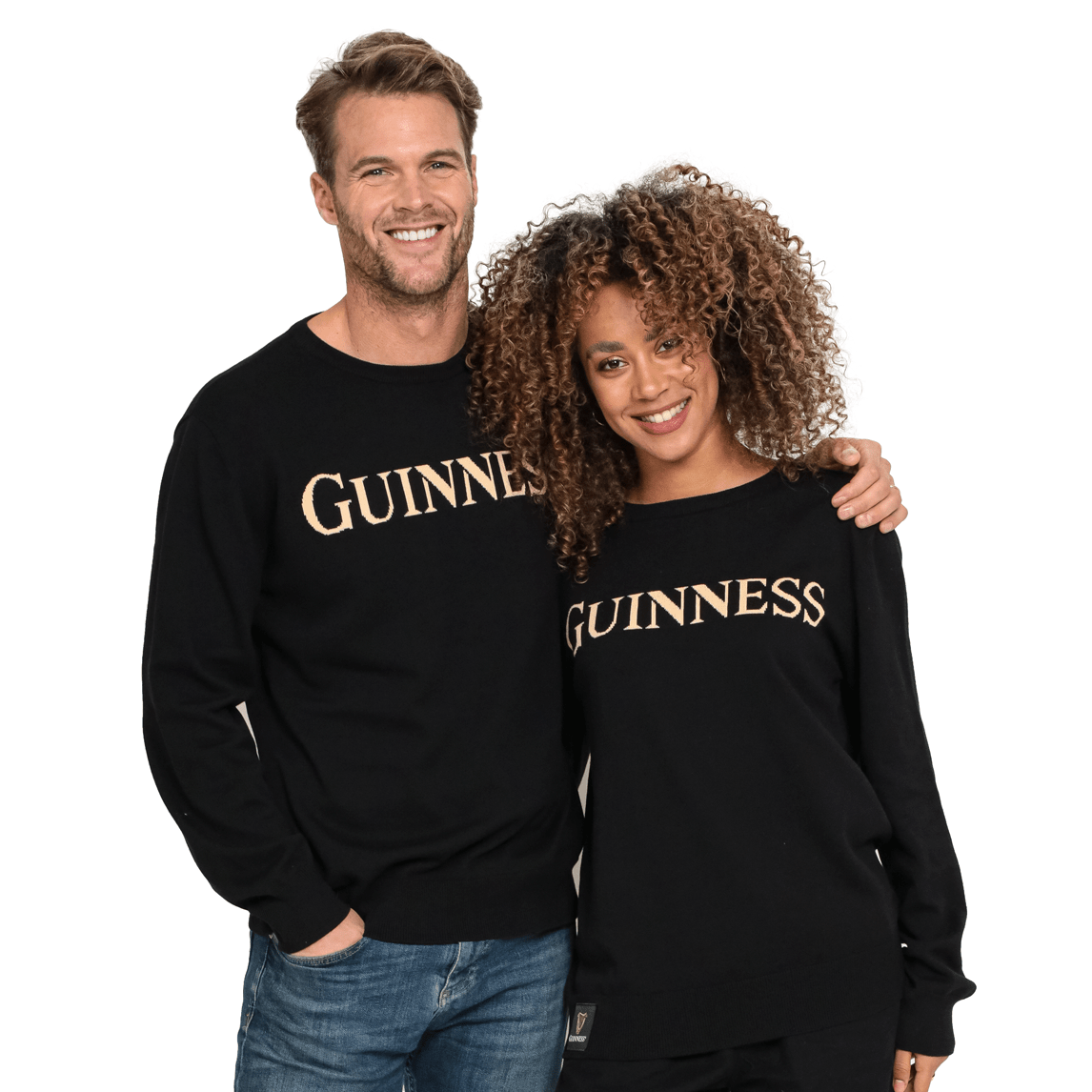A man and woman wearing Guinness UK 100% Organic Cotton Jumpers.