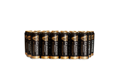 A group of Guinness Nitrosurge Stout Beer Cans- 24 X 558ml from Guinness UK on a white background.