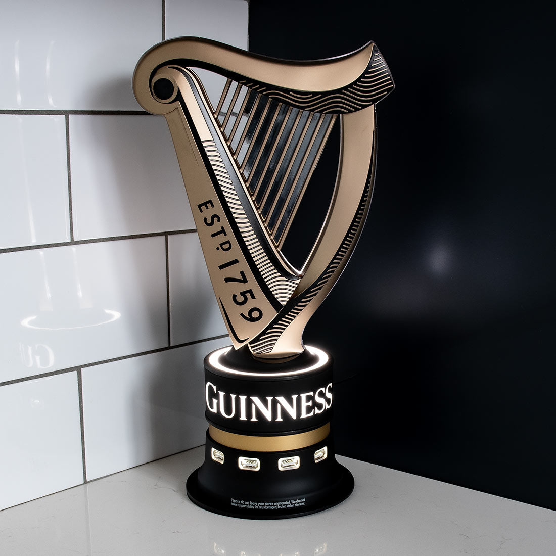 Collectable Guinness UK harp light up trophy with Guinness Universal USB Bar Charger.
