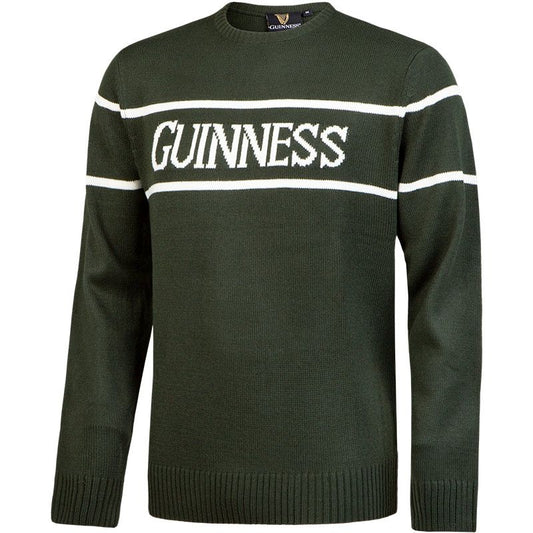 Dark green Guinness UK sweater featuring the white "guinness" logo across the chest with white horizontal stripes on the arms.
