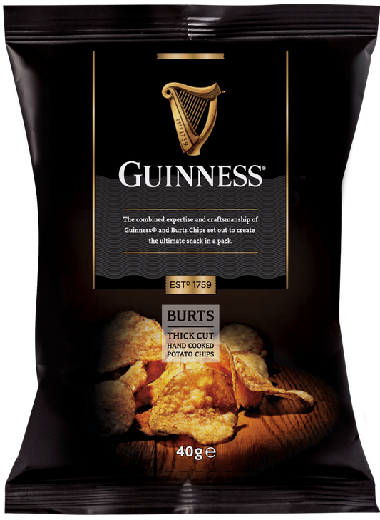 Guinness UK's Vegetarian Guinness Original Crisps - 40g on a black background.