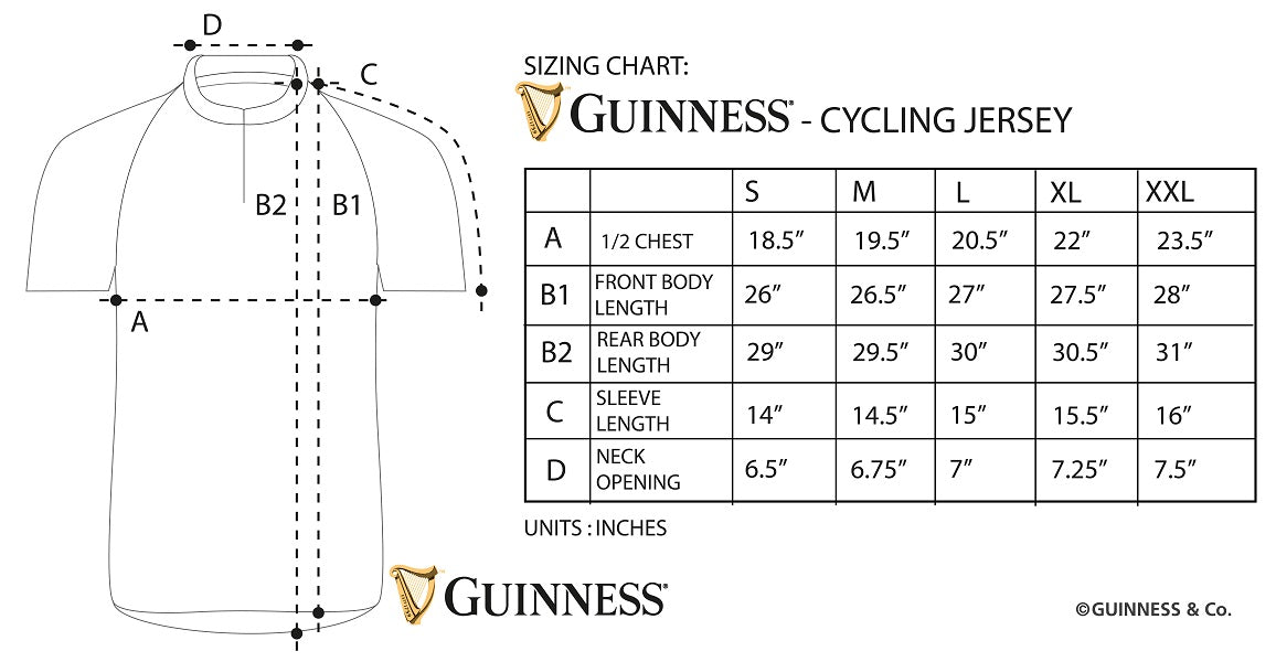 The Guinness UK cycling jersey size chart provides an accurate guide for determining the perfect fit for your Guinness Cycling Jersey. Whether you're a professional cyclist or a casual rider, this size chart will ensure optimal performance results.