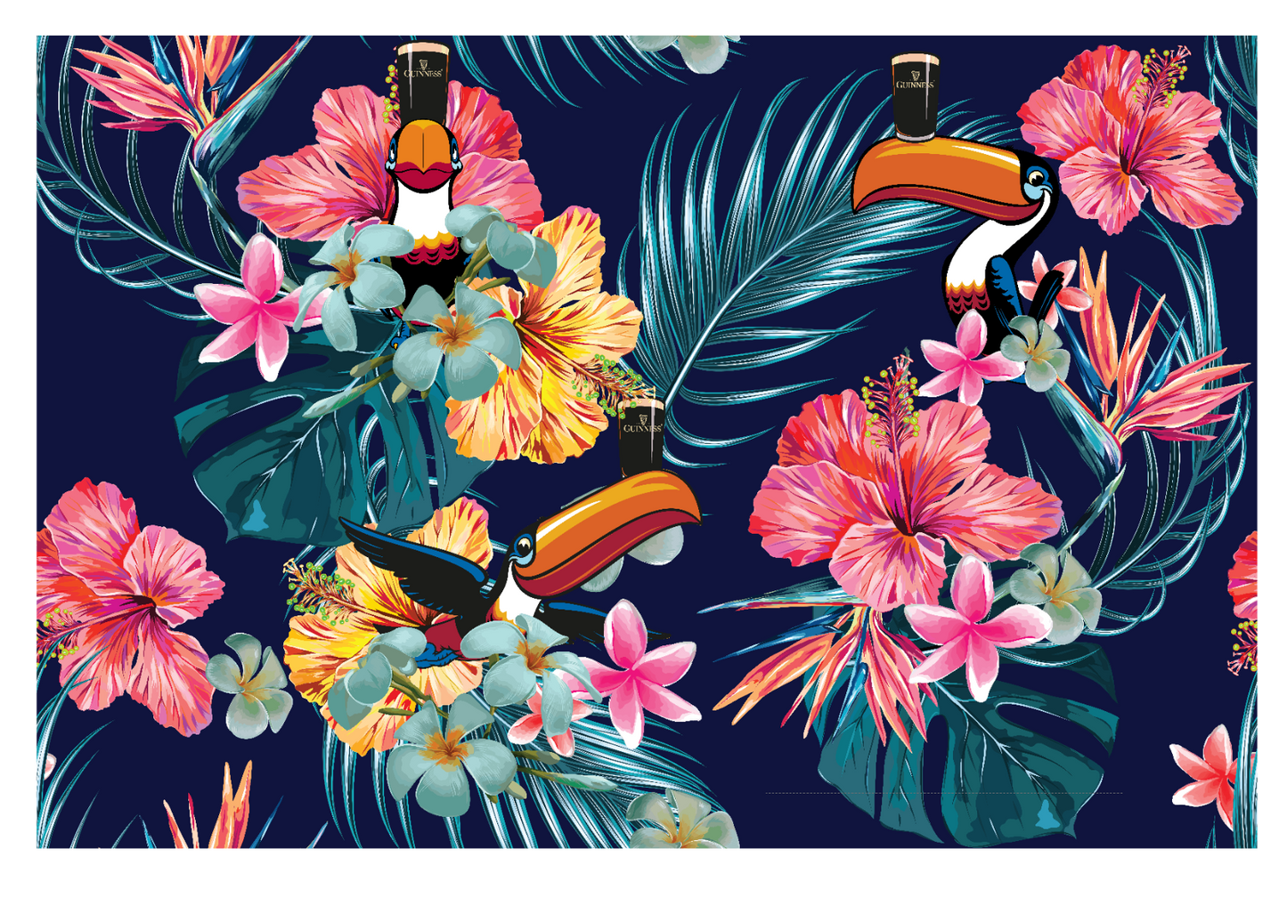 A tropical pattern with toucans and flowers, inspired by the Guinness Toucan Hawaiian shirt from Guinness UK.