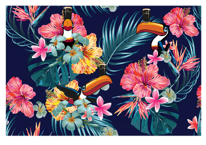A tropical pattern with toucans and flowers, inspired by the Guinness Toucan Hawaiian shirt from Guinness UK.