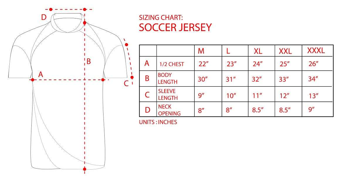 A diagram displaying the measurements of a Guinness® Soccer Jersey.