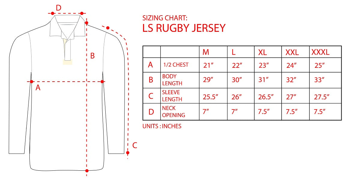 A diagram showing the measurements of a Guinness Traditional Rugby Jersey polo shirt.