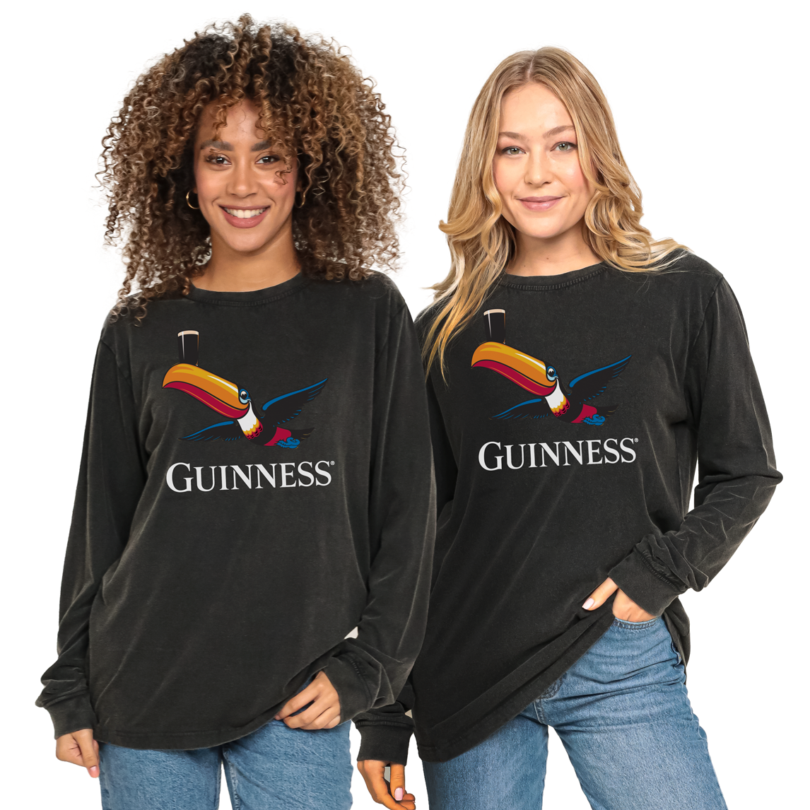 Two women wearing Guinness Flying Toucan long sleeve distressed t-shirts.