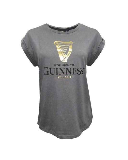 Premium Guinness Gold Foil Harp T-Shirt with "Guinness Ireland" logo and harp graphic on the front, isolated on a white background from Guinness Webstore UK.