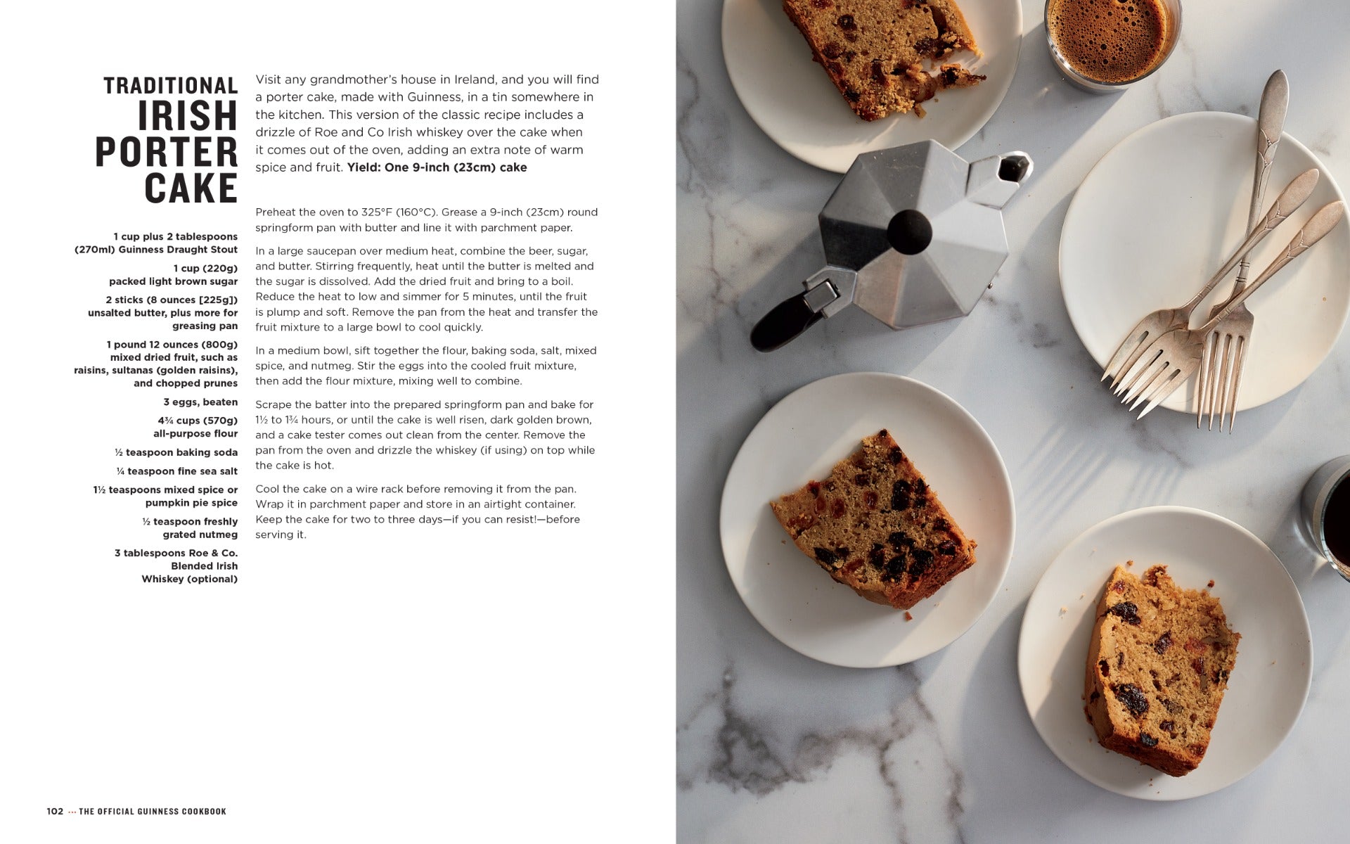 A page of the Official Guinness Hardcover Cookbook with a picture of a cake and a cup of coffee.