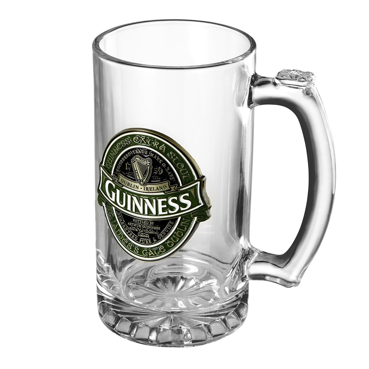 A clear glass beer mug featuring the Guinness logo and text "Guinness Extra Stout" on the front. This Guinness Ireland Tankard by Guinness boasts a thick, curved handle and a sturdy base, perfect for enjoying your favorite Irish stout.