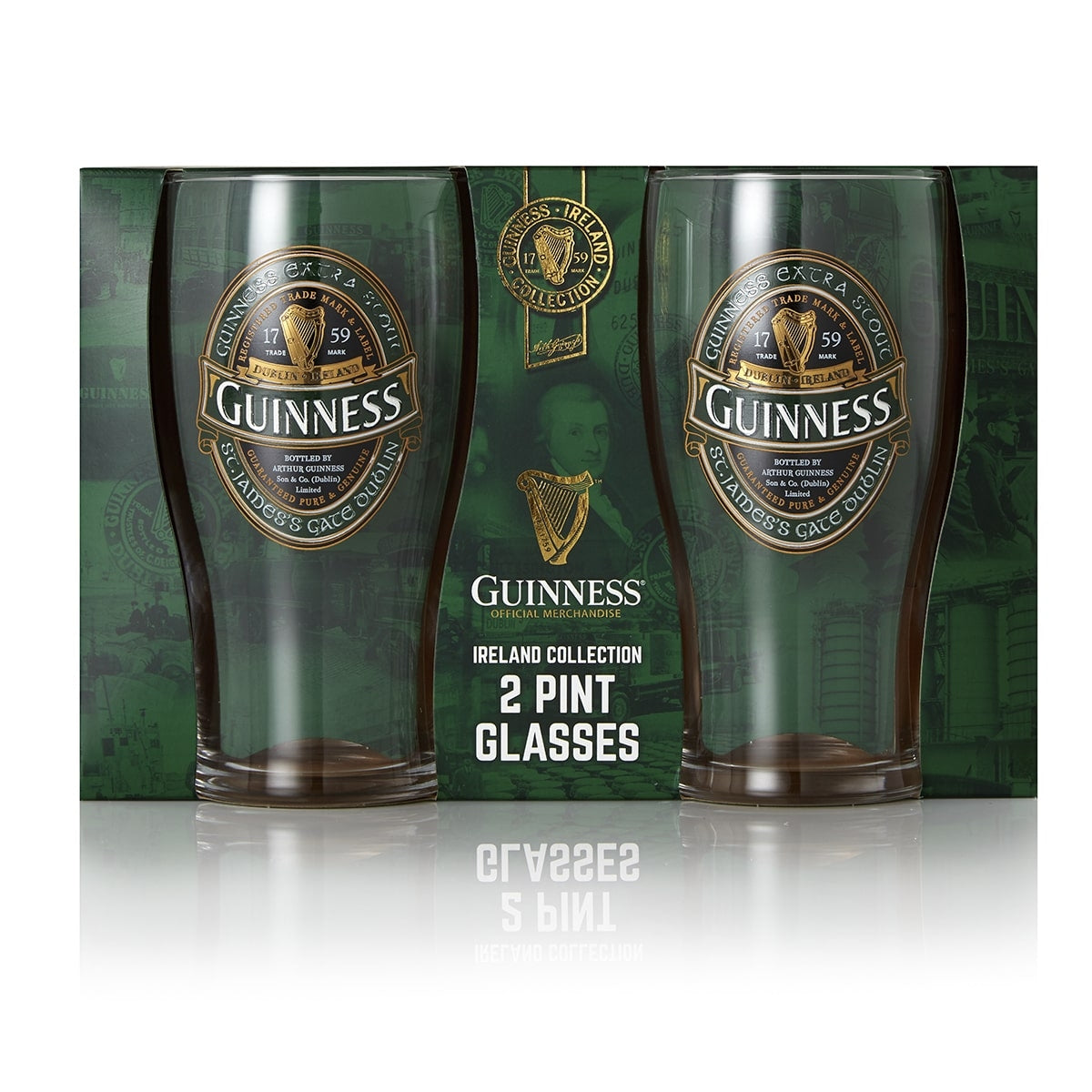 Two Guinness Ireland Collection Pint Glasses in a package, perfect for those who appreciate the taste of Ireland.