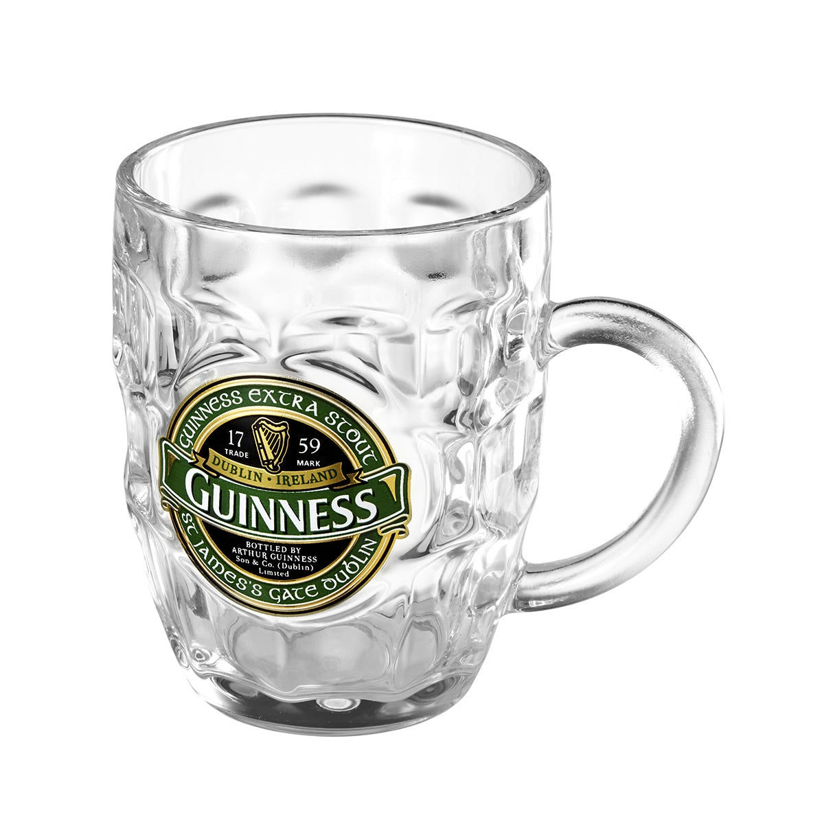 A high-quality clear glass dimpled tankard with a handle, featuring a Guinness Extra Stout logo on the front, showcasing the brand and its origin in Dublin, Ireland since 1759. This piece is part of the exclusive Guinness Green Collection.