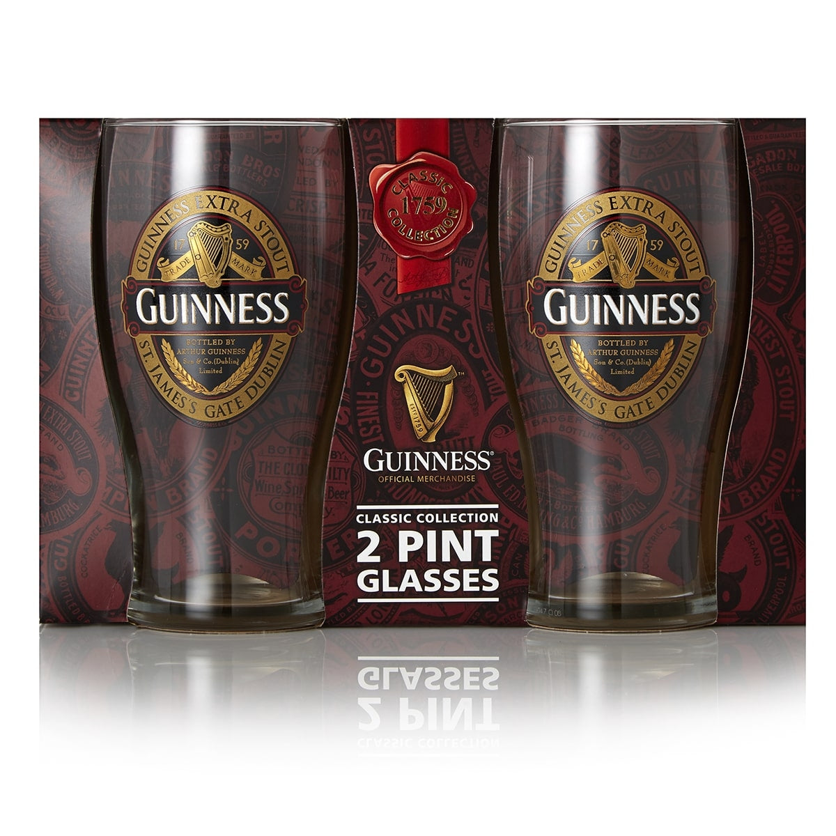 Two Guinness Classic Collection Pint Glasses in a package by Guinness UK.