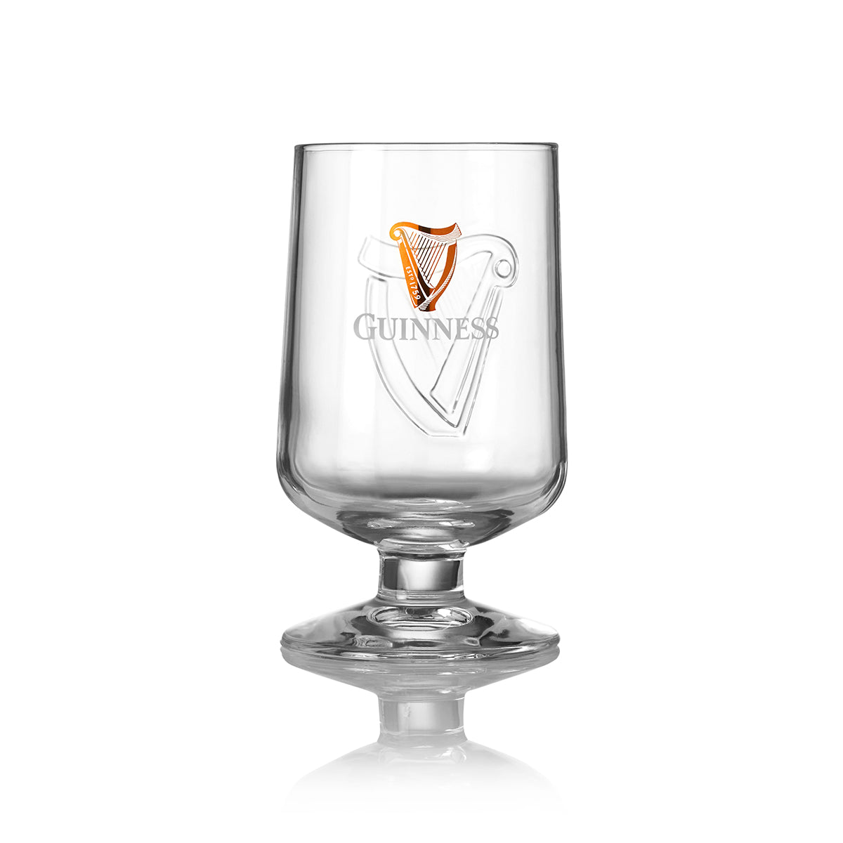 A Guinness Embossed Stem Glass 420ml - 6 Pack featuring the iconic Harp logo on a clean white background by Guinness UK.