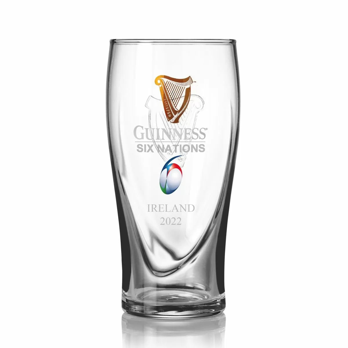 A Guinness UK Six Nations Pint Glass - 4 Pack with the Guinness survivor logo on it.