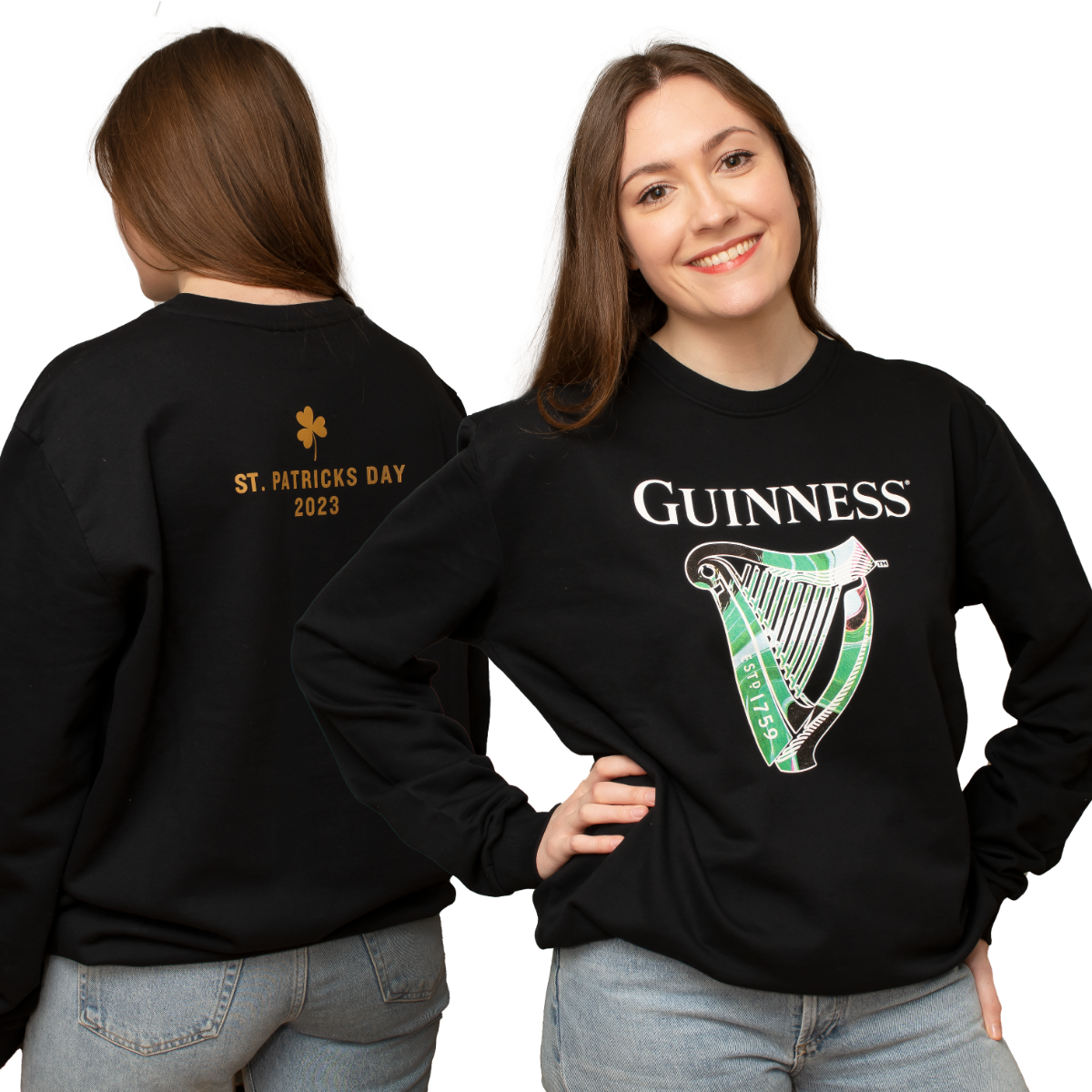 A woman wearing a black sweatshirt with the Guinness Limited Ed. St Patrick's Black Sweatshirt 2023 harp on it for St. Patrick's Day.
