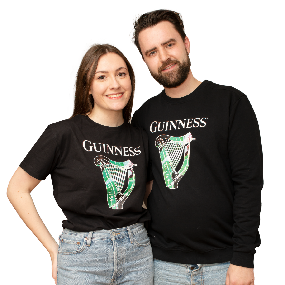 A man and woman wearing Guinness Limited Ed. St Patrick's Black Sweatshirt 2023 t-shirts, celebrating St. Patrick's Day.