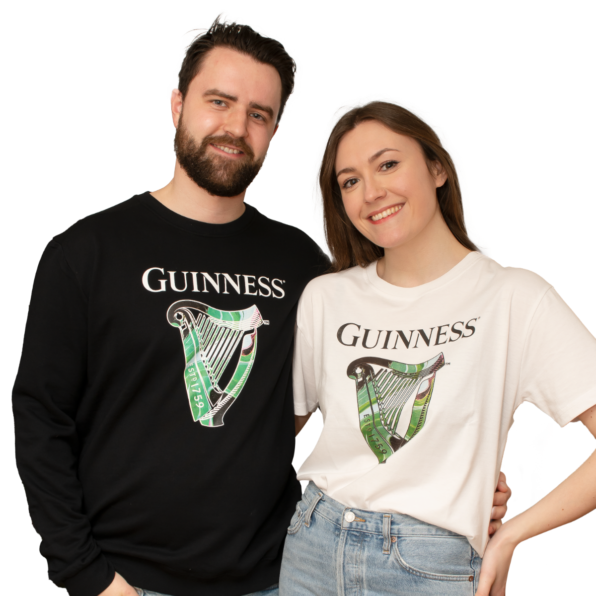 A man and woman wearing Guinness Limited Ed. St Patrick's Black Sweatshirt 2023 t-shirts.
