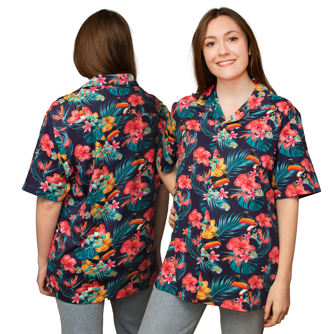 A woman donning a vibrant Guinness Toucan Hawaiian shirt adorned with tropical plants and flowers from Guinness UK.