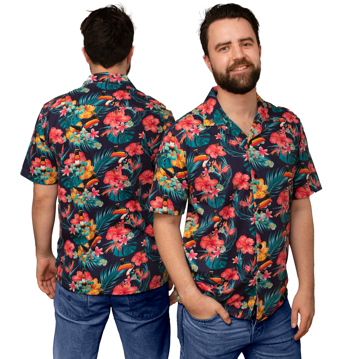 A man wearing a Guinness UK Guinness Toucan Hawaiian Shirt adorned with tropical plants and flowers.