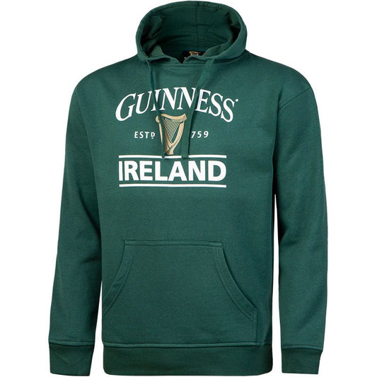 Guinness bottle green unisex hoodie with "Guinness Ireland" logo and harp graphic on the front.