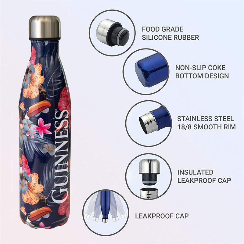 Reusable stainless steel Guinness Toucan Hawaiian water bottle featuring the iconic Guinness Toucan design.